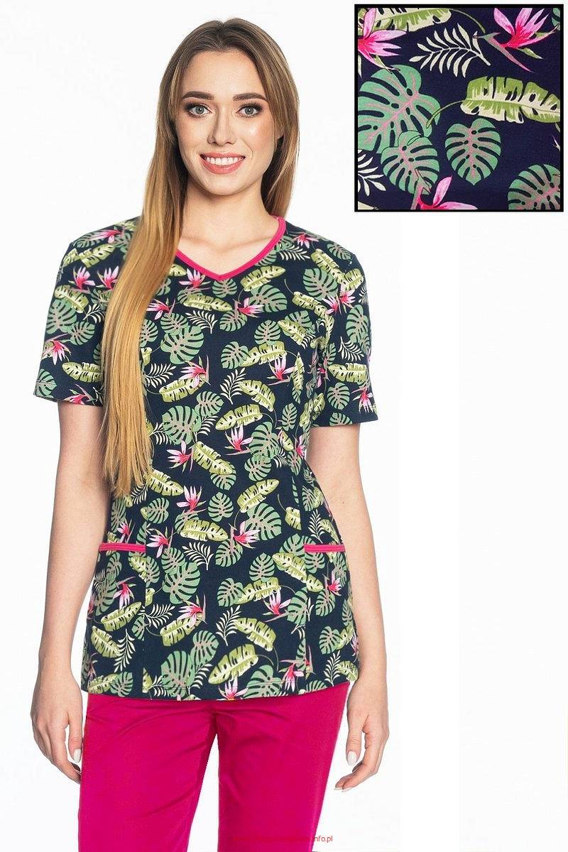 Bluza medyczna,100% bawełna z pięknym wzorem (liście palmy i kwiaty, BD3)