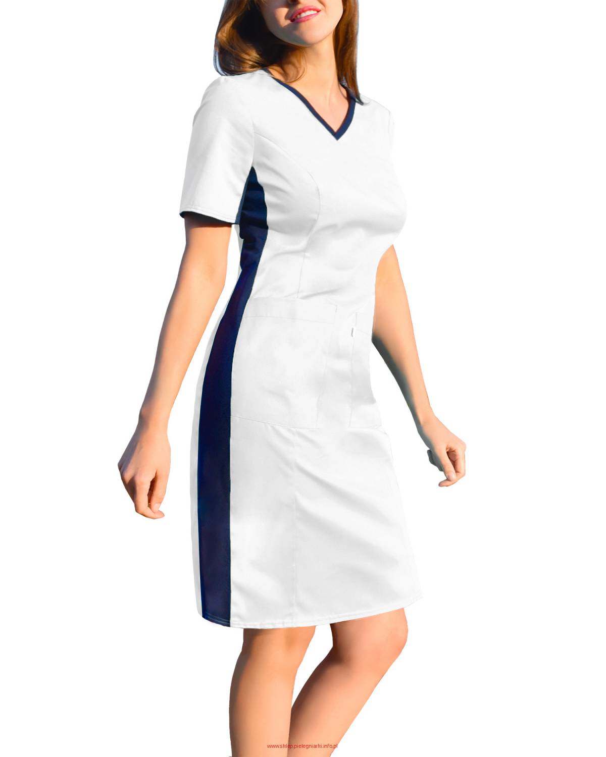 Sukienka medyczna biała, z elastycznym ściągaczem w boku (SKE1-B)