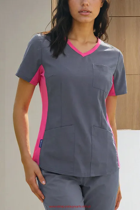 Bluza medyczna z elastycznym ściągaczem w boku - szary+fuksja (BE1-S/F)