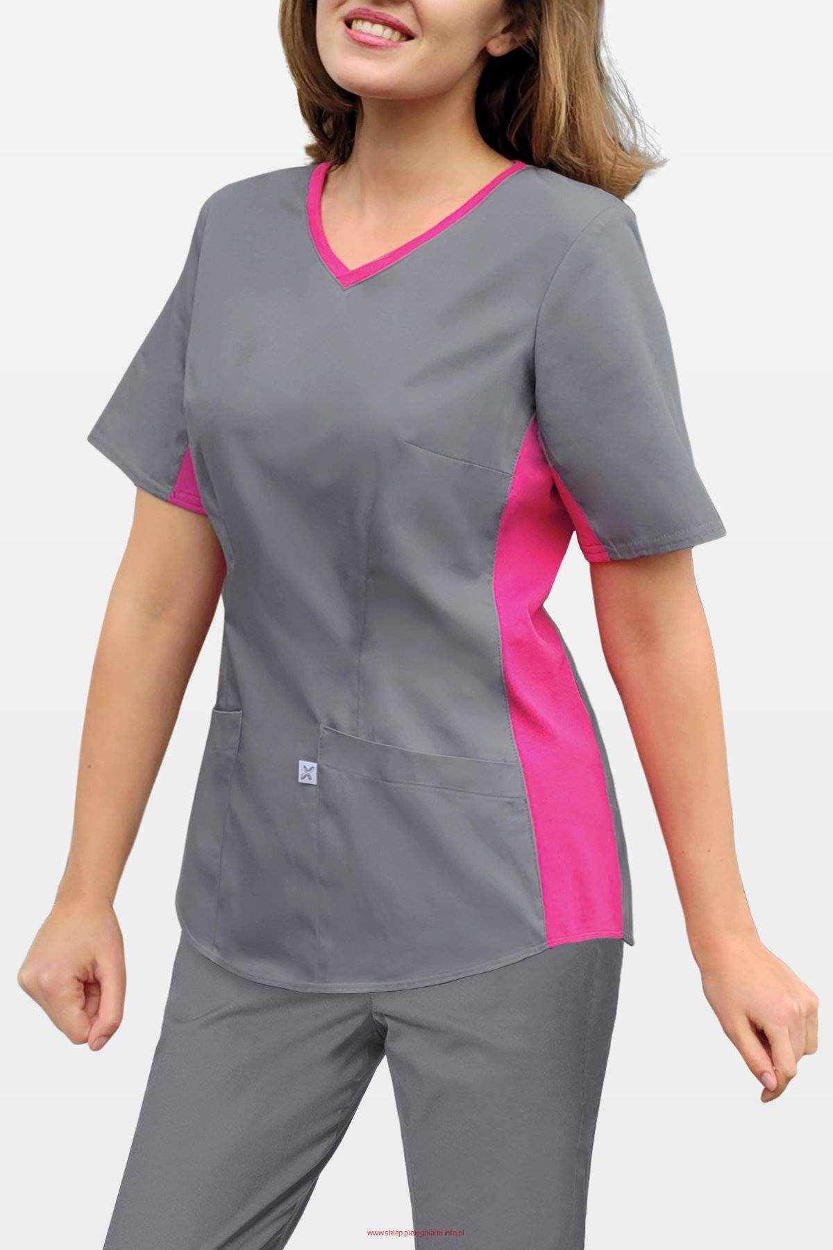 Bluza medyczna z elastycznym ściągaczem w boku - szary+fuksja (BE1-S/F)