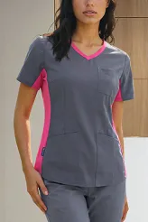 Bluza medyczna z elastycznym ściągaczem w boku - szary+fuksja (BE1-S/F)