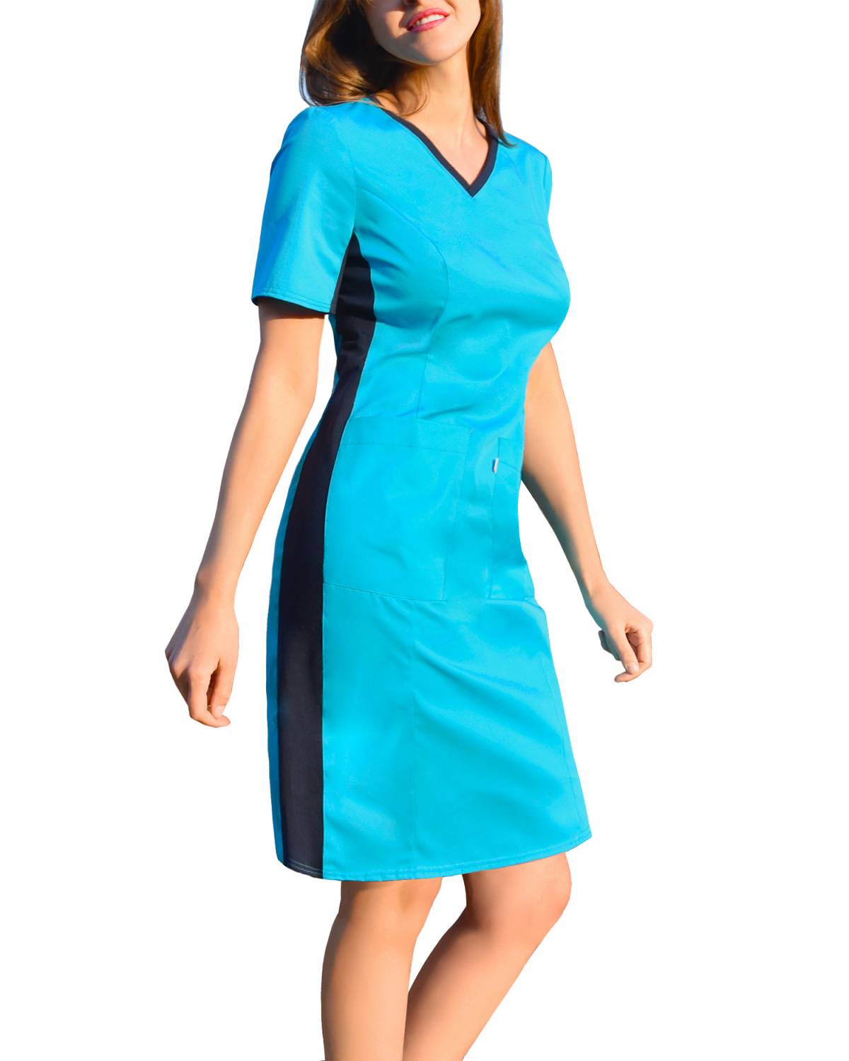 Sukienka medyczna turkusowa, z elastycznym ściągaczem w boku (SKE1-T)