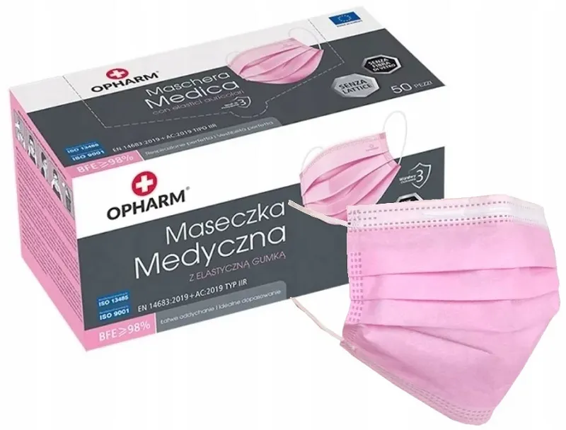 Różowe maski medyczne, jednorazowe 50 sztuk, OPHARM - 2