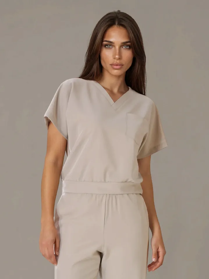 Komplet medyczny / Scrubs medyczny: Bluza cropped fit + spodnie z szeroką nogawką, XF4-P, beż - 3