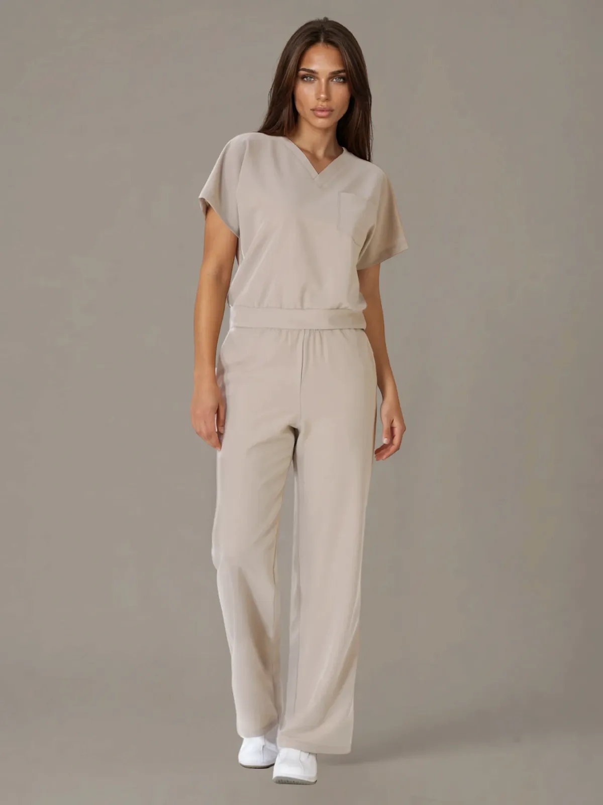 Komplet medyczny / Scrubs medyczny: Bluza cropped fit + spodnie z szeroką nogawką, XF4-P, beż