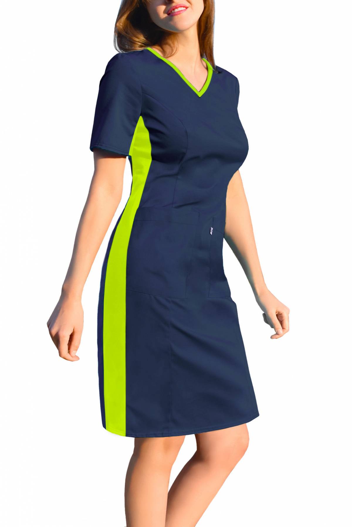 Sukienka medyczna, z elastycznym ściągaczem w boku, granat-limonka (SKE1-G/L)