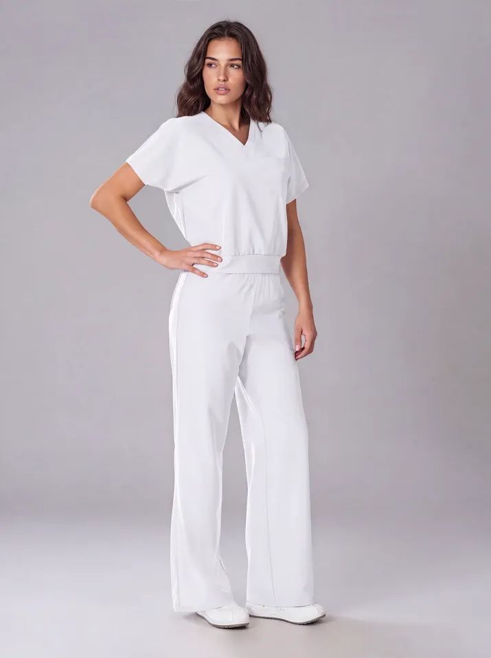 Komplet medyczny / Scrubs medyczny: Bluza cropped fit + spodnie z szeroką nogawką, XF4-B, Biały - 5