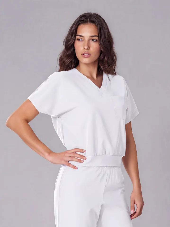 Komplet medyczny / Scrubs medyczny: Bluza cropped fit + spodnie z szeroką nogawką, XF4-B, Biały - 2