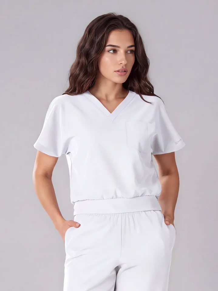 Komplet medyczny / Scrubs medyczny: Bluza cropped fit + spodnie z szeroką nogawką, XF4-B, Biały - 6