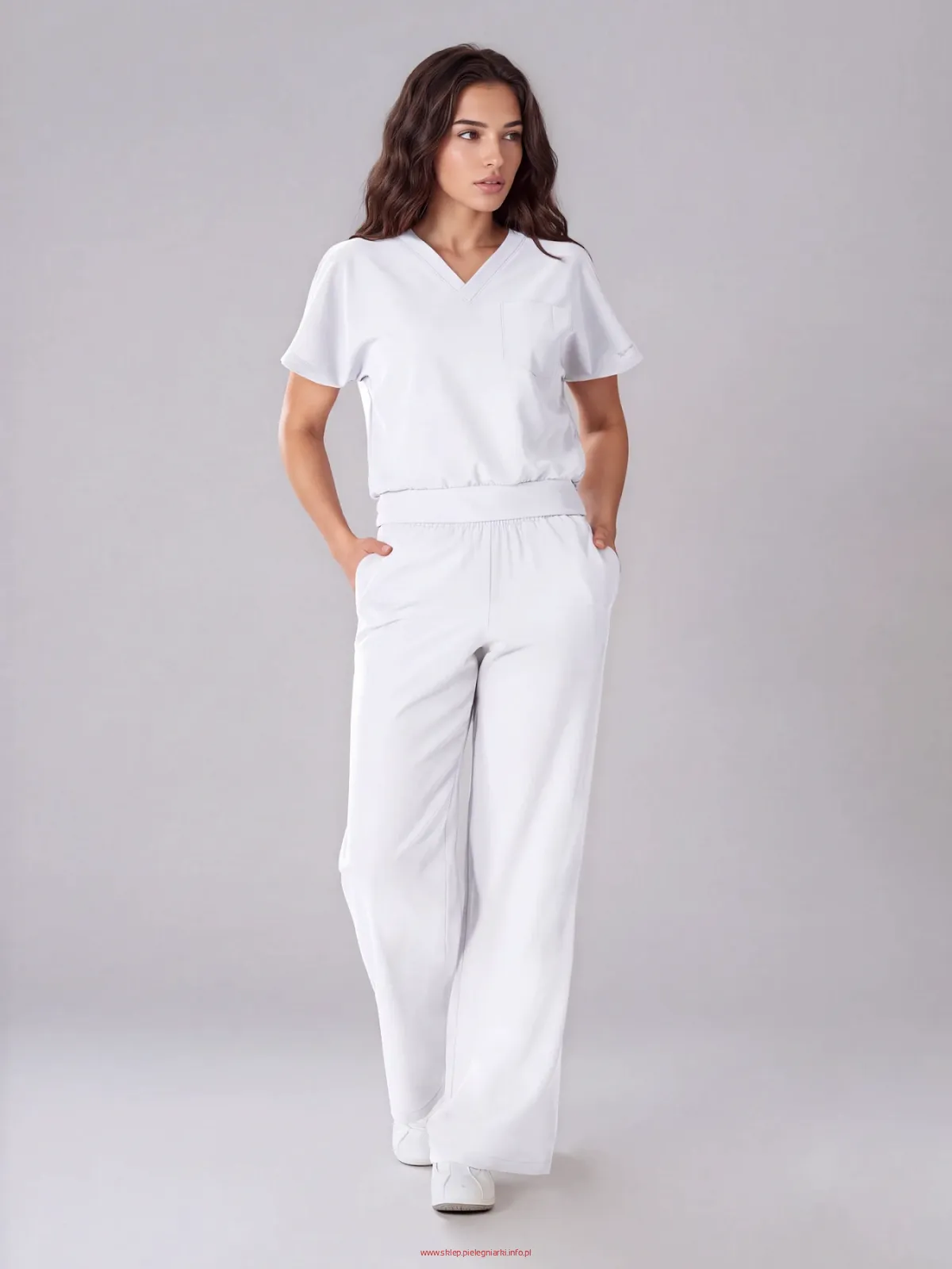 Komplet medyczny / Scrubs medyczny: Bluza cropped fit + spodnie z szeroką nogawką, XF4-B, Biały