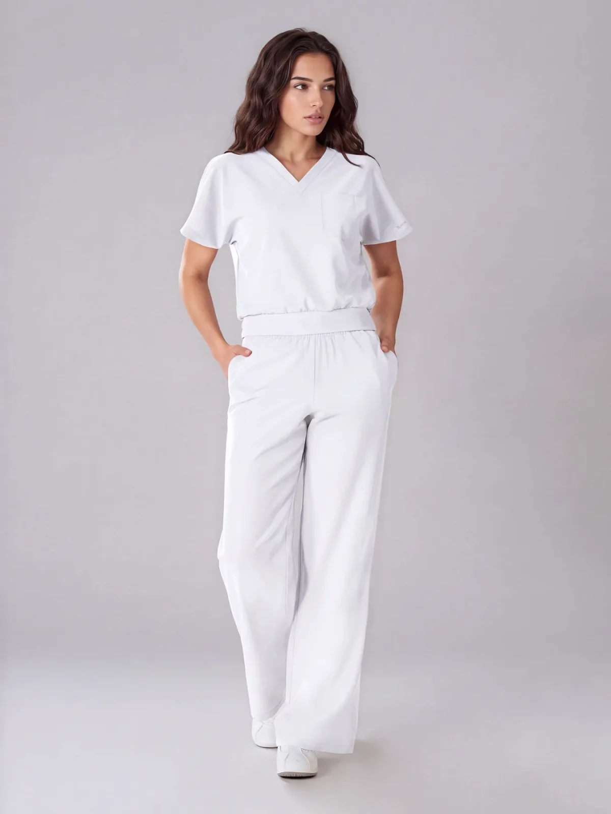 Komplet medyczny / Scrubs medyczny: Bluza cropped fit + spodnie z szeroką nogawką, XF4-B, Biały