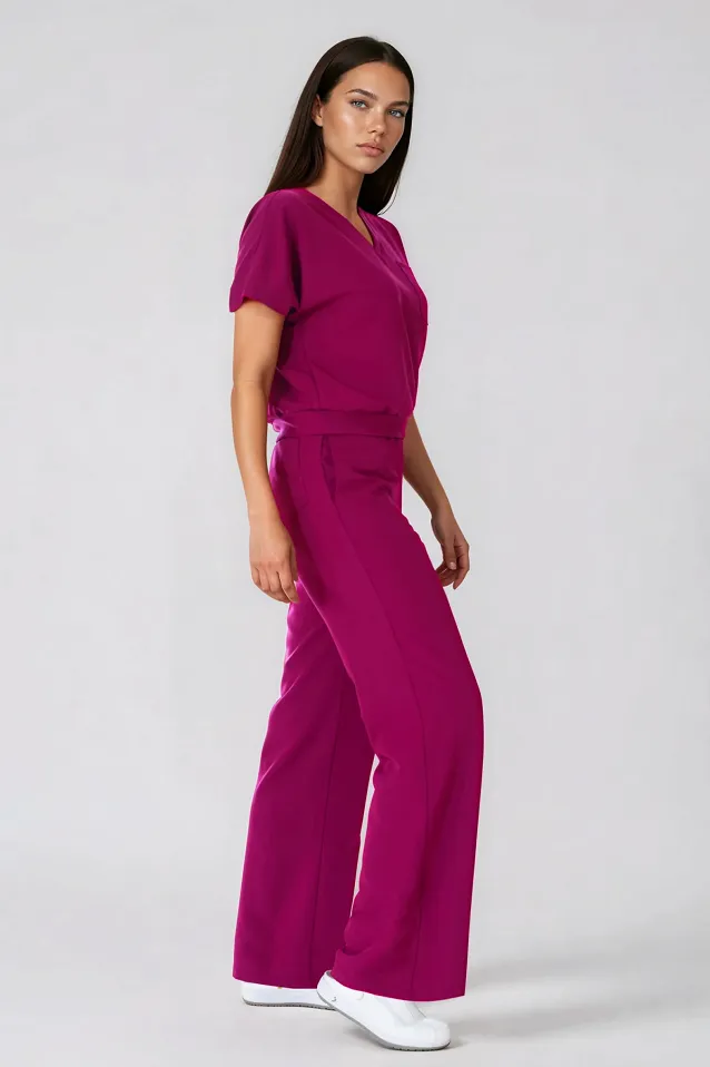 Komplet medyczny / Scrubs medyczny: Bluza cropped fit + spodnie z szeroką nogawką, XF4-SL, śliwka - 2