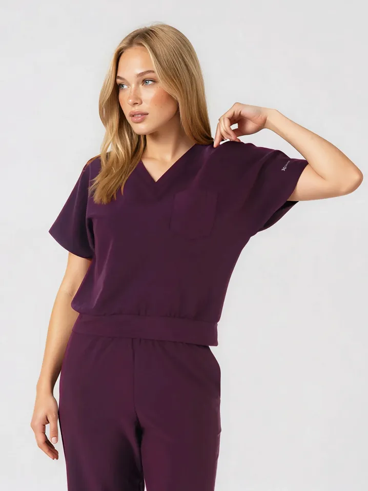Komplet medyczny / Scrubs medyczny: Bluza cropped fit + spodnie z szeroką nogawką, XF4-SL, śliwka - 10