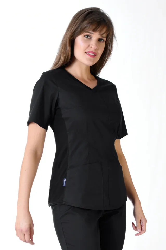 Bluza medyczna czarna, z elastycznym ściągaczem w boku (BE1-C) bawełna+ - 2