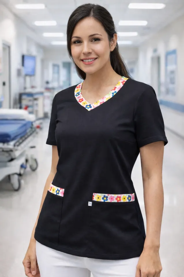 Bluza medyczna damska, bawełna 100% - kwieciste dodatki (BD4) 6 kolorów - 4