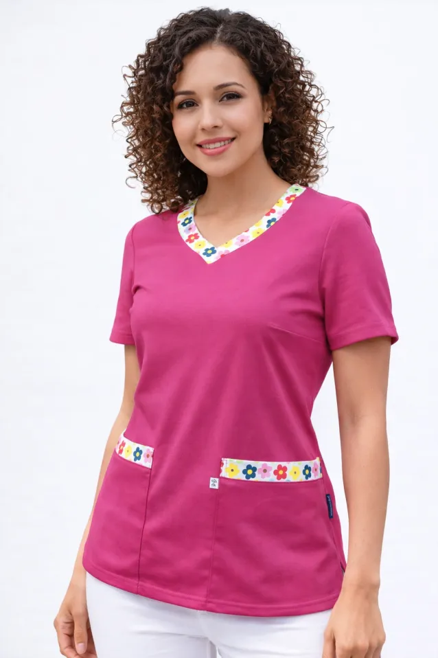 Bluza medyczna damska, bawełna 100% - kwieciste dodatki (BD4) 6 kolorów - 3