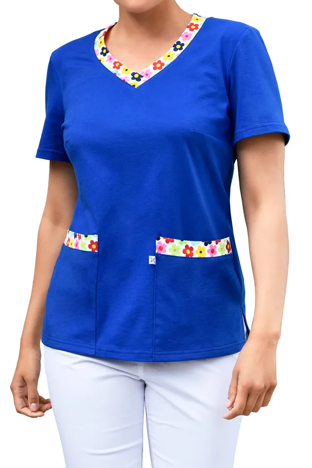 Bluza medyczna damska, bawełna 100% - kwieciste dodatki (BD4) 6 kolorów - 6