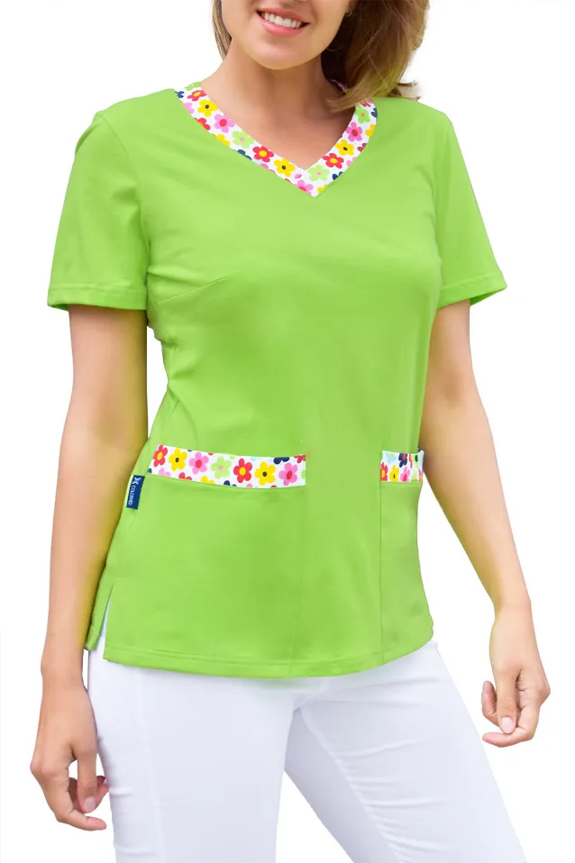 Bluza medyczna damska, bawełna 100% - kwieciste dodatki (BD4) 6 kolorów - 8