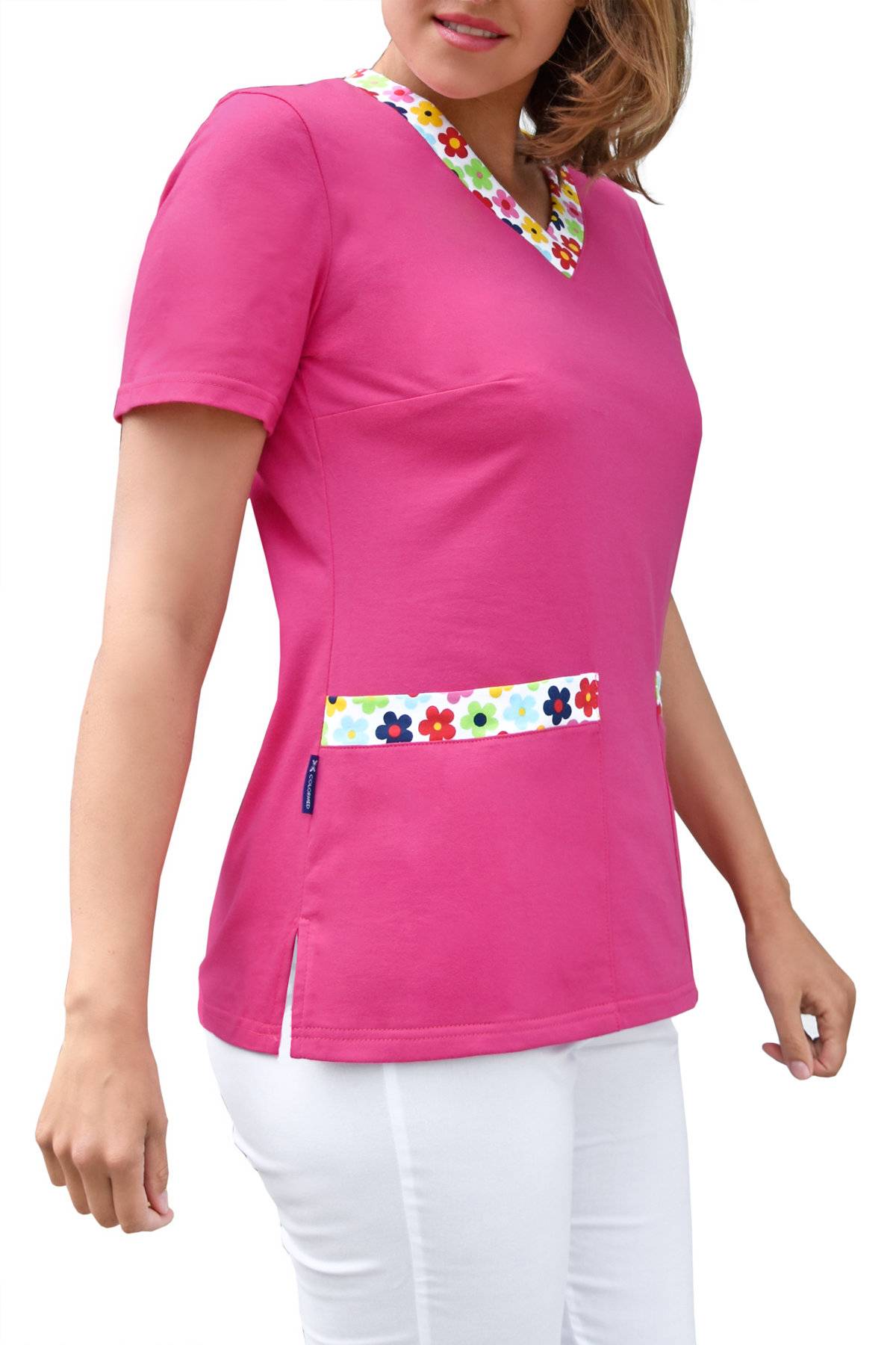 Bluza medyczna damska, bawełna 100% - kwieciste dodatki (BD4) 6 kolorów