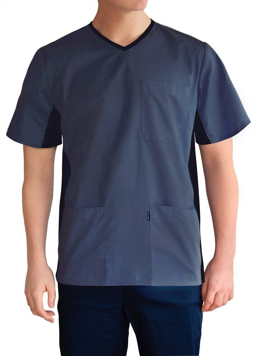 Bluza medyczna męska, z elastycznym ściągaczem w boku (szaro-niebieska, MBE1-SN)